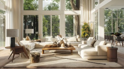 Chic living room design that embraces eco-friendly principles, natural light, wide windows, bright and airy feel