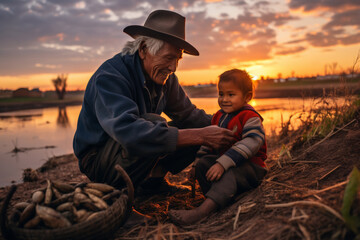 Fototapeta premium Father and Daughter Bond at Sunset by the River