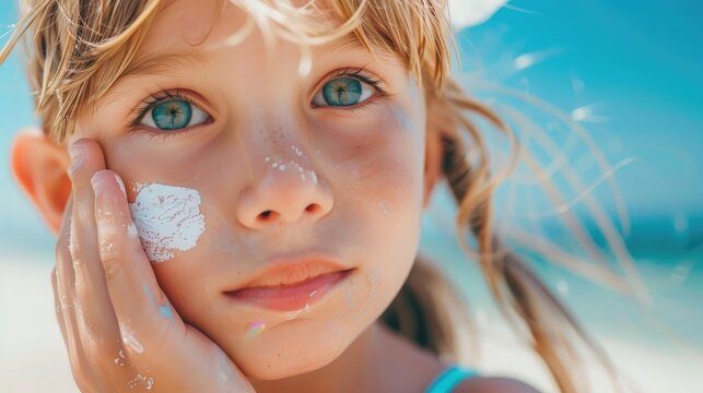 Child Put On Sunscreen On Face. Skin Protection From Sunburn