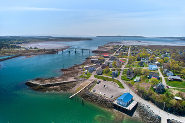 Aerial Drone image of the small town of Lubec Maine situated on the Lubec Narrows which separate...