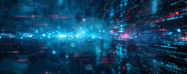 Abstract background of digital data flow, futuristic technology and big planet. Big Data concept with light lines in blue colors. Abstract dark night illustration. 