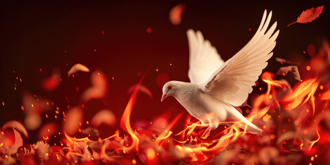 Winged white dove in fire red flames, New Testament Holy Spirit on simple background.