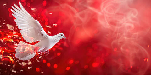 Winged white dove in fire red flames, New Testament Holy Spirit on simple background.