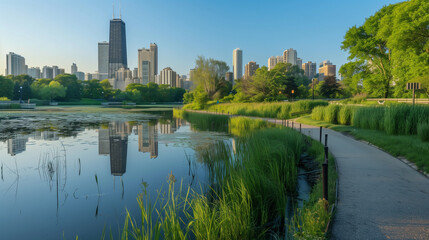 Morning View of Lincoln Park Skyline with Diversey Harbor and Lake Michigan