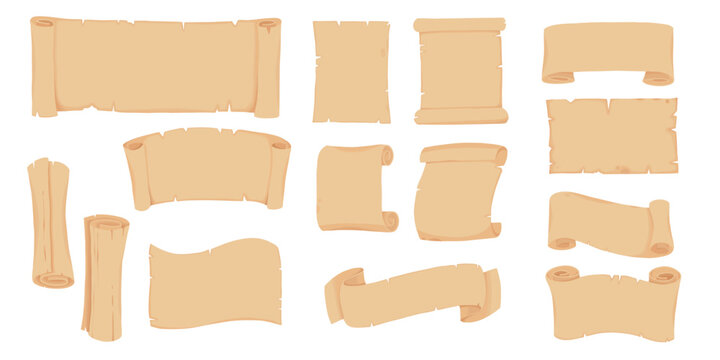 Cartoon ancient parchment scroll and old paper manuscript. Fantasy treasure map, diploma and letter. Historical vintage scrolls vector set. Papyrus for religious scripture, aged certificate