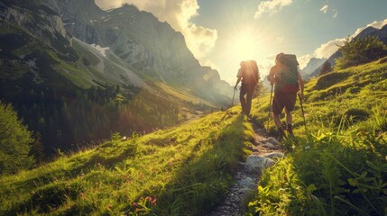 Obraz premium Two people are hiking in the mountains, one of them carrying a backpack