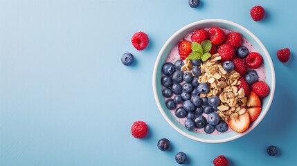 Acai Bowl Topped with Nuts and Berries Against a Purple to Blue Gradient Background with Copy Space
