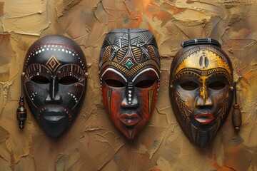 Three detailed african tribal masks displayed against a textured, earthtoned backdrop
