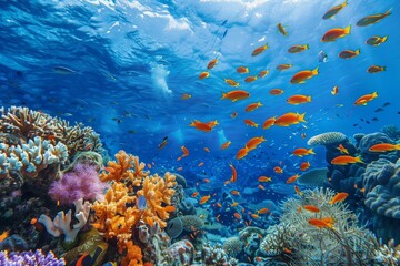 Obraz premium : A vibrant blue underwater coral reef, teeming with colorful fish and intricate coral formations, captured in stunning detail,