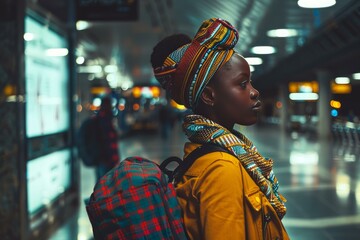 Obraz premium Side view of a contemplative woman with a backpack at an underground platform