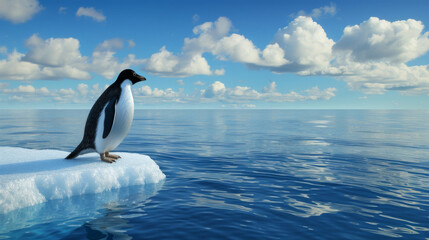 Fototapeta premium Lone penguin perched on an iceberg with a serene blue sea and sky in the background