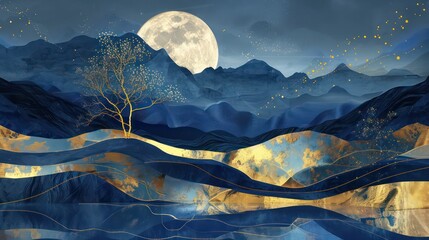 3d modern art mural wallpaper with blue night landscape with dark mountains, giant golden tree and gold waves