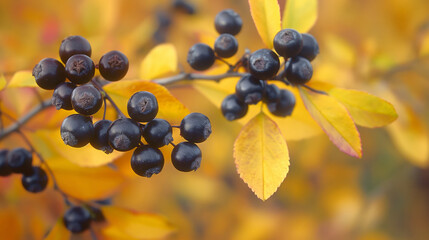 Close Up View of a Vibrant Chokeberry Bush in Autumn Highlighting Dark Berries with Copy Space at the Top