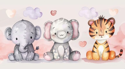 Enchanting Watercolor Themed Baby Nursery Featuring a Sweet Elephant, Joyful Zebra, and Frolicsome Tiger Amidst a Soft Pastel Backdrop with Hearts and Clouds