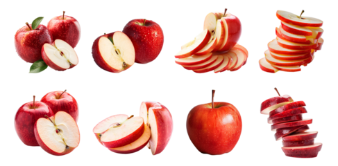 Red fresh apples, red apple pile, slice and half cut many angle isolated on transparent background cutout, png file,