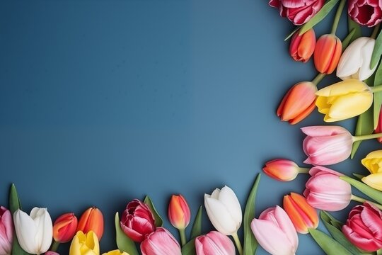 Tulipanes de colores sobre fondo azul oscuro liso. Espacio para texto. Publicidad.