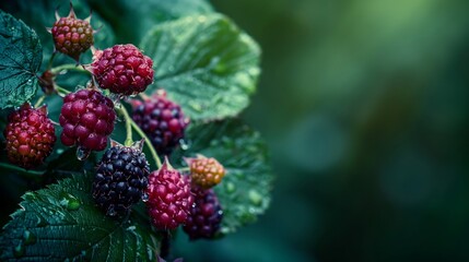 Dew Kissed Blackberries on a Bush with Dark Green Background and Copy Space