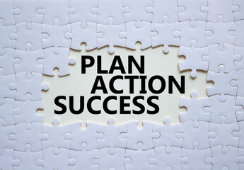 Plan Action Success symbol. Concept words Plan Action Success on white puzzle. Beautiful white background. Business and Plan Action Success concept. Copy space.