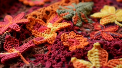 Fototapeta premium Detailed Close-Up of a Collection of Crochet Fall Leaves in Vibrant Orange, Yellow, and Red Hues Against a Textured Background