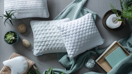Three soft pillows arranged on a grey surface with other sleep related items