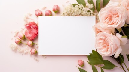 Elegant Floral Arrangement With Pink Tulips And Roses Around Blank Card. Generative AI