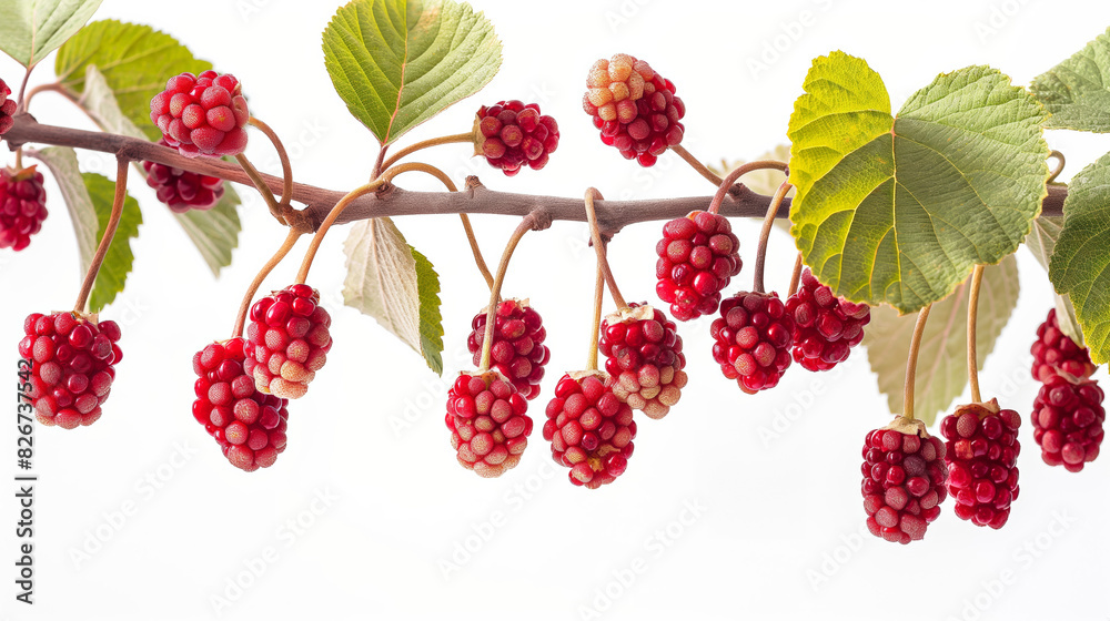 Wall mural mulberry tree branch with ripe fruit close up and text space on the left, isolated on white backgrou