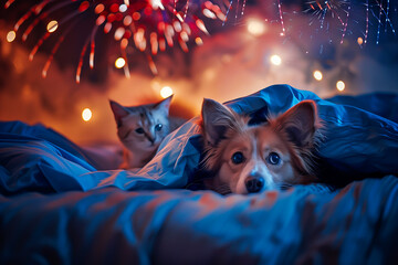 Frightened dog and cat hiding under blankets as fireworks explode behind them on the Fourth of July