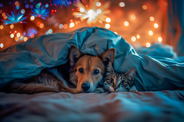 Frightened dog and cat hiding under blankets as fireworks explode behind them on the Fourth of July