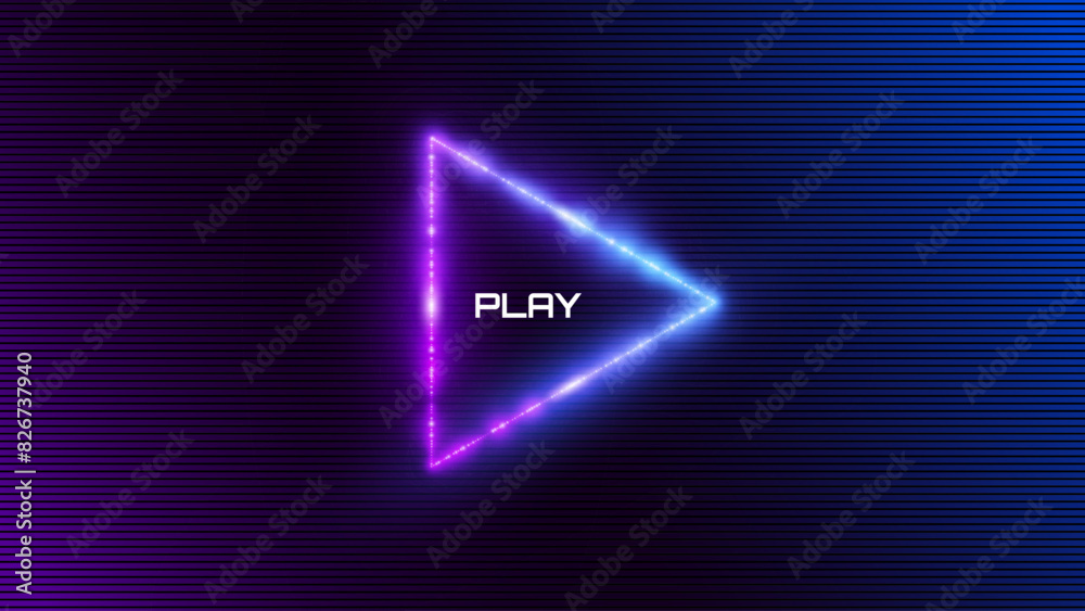 Aufkleber banner with neon glow triangle play icon. design for banners, web pages, presentations. vector illus