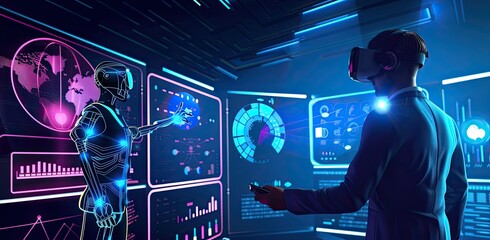 Obraz premium Advanced Virtual Reality Collaboration with AI Robot