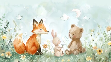 Charming Baby Nursery Watercolor Illustration Featuring Joyful Fox, Frolicsome Rabbit, and Tender Bear in Subtle Pastels with Serene Sky Backdrop