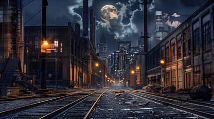 Naklejka premium Vintage Factory Warehouses and Train Tracks in Urban Night Scene