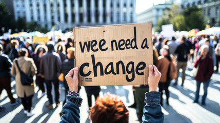 Person at protest holding a sign for social change amidst a crowd