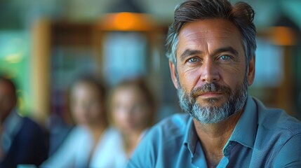 Fototapeta premium Confident Middle-Aged Man with Grey Beard in Office Setting with Colleagues
