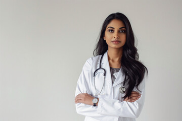 An indian woman in a white lab coat is posing for a picture. Doctor, nurse and medical student. College and university