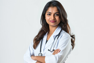An indian woman in a white lab coat is posing for a picture. Doctor, nurse and medical student. College and university