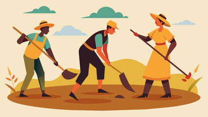 Laborers using traditional tools such as scythes and rakes to and gather peat by hand in a process that has remained unchanged for centuries.. Vector illustration