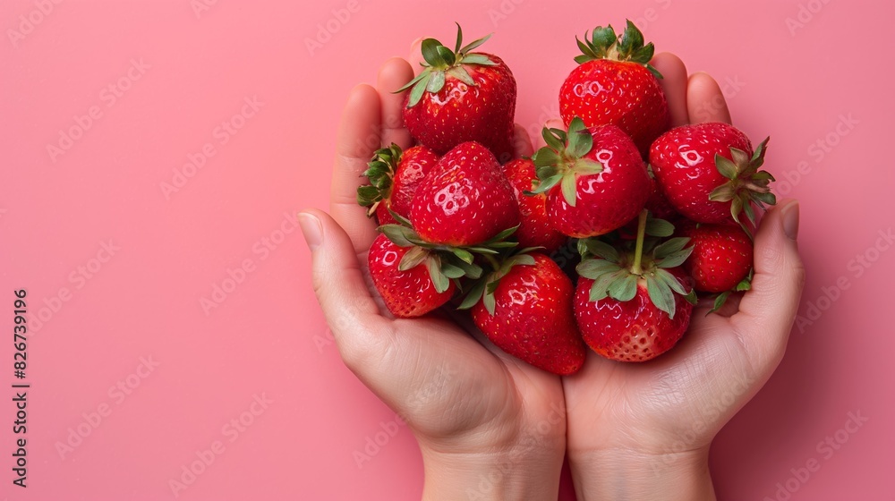 Sticker Palms cradling fresh strawberries against a soft pink gradient backdrop