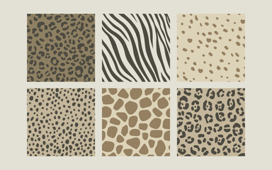 Animal skin seamless pattern collection. Flat vector predator and mammal fur swatch set. Square tile of leopard, zebra, lynx, cheetah, giraffe and jaguar print.