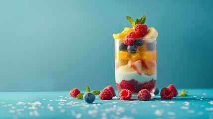 Layered Fruit Parfait Glass with Bright Colors on a Blue Gradient Background