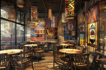 Warm sunlight filters into a cozy ethnicstyle eatery adorned with cultural art