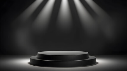 Abstract black stage with one round podium in light beam with light spot mockup for presentation cosmetic products, Generative AI