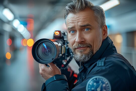 Professional Photographer in Action in Urban Setting with Modern Camera Gear