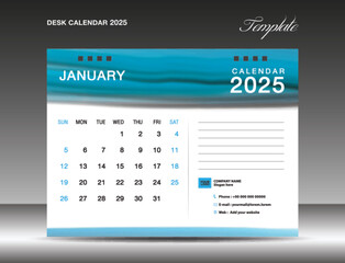 Desk calender 2025 - January 2025 template, Calendar 2025 design template, planner, simple, Wall calendar design, week starts on sunday, printing, advertiement, Blue watercolor background, vector