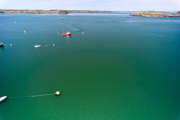 Aerial Drone image of the small town of Lubec Maine situated on the Lubec Narrows which separate...