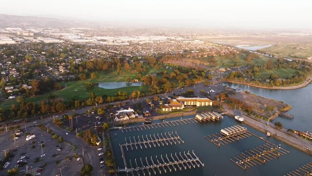 Aerial sunset view San Francisco San Leandro marina