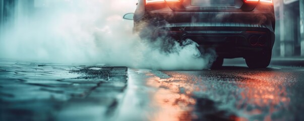 A car is emitting thick exhaust smoke, filling the air behind it. The wet pavement reflects the car's rear lights and the surrounding glow, creating a moody atmosphere.