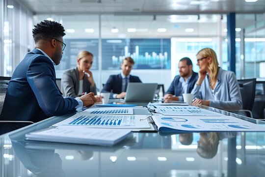 Diverse Professionals in Business Meeting Analyzing Financial Reports in Modern Office