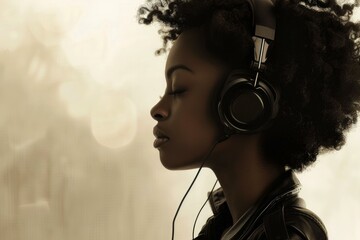 Tranquil young adult female with afro curly hair enjoying peaceful leisure time listening to music through headphones. Closed eyes. In a contemplative and serene profile view