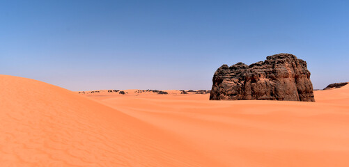 Panorama of the Algerian Sahara with dunes and rock formations
